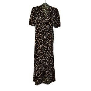 POPSUGAR Black Yellow Heart Print Wrap Maxi Dress Romantic Chic XS